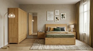 Wooden Twin Beds Quality Home Furniture Bed Wardrobe Customizable 3-Piece Modern Vietnam-Made Multi-Sized Bedroom Set Durable - Product Image 3