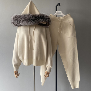 Dệt Kim 2 Mảnh Bộ Phụ Nữ Tracksuit Dài Tay Áo Trùm Đầu Bất Fox Fur Áo Len Crop Top Giản Dị Quần Căng Phù Hợp Với Phù Hợp Với Trang Phục - Product Image 5