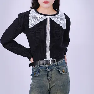 Jersey de cuello redondo para mujer, suéter corto suelto negro de manga larga, tejido gráfico de tamaño pequeño, 100% algodón