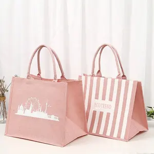 2024 Eco laminating Pink Jute tas goni Linen dapat digunakan kembali 100 belanja tas jinjing dengan Logo kustom untuk iklan