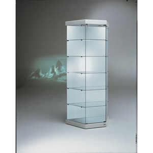 Vitrine trapézoïdale 93/44x43x200cm en verre trempé gris clair avec éclairage LED et porte à charnières verrouillable - Product Image 1