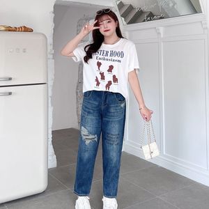 Pantalones Vaqueros Runqi Harem Denim Dad Jeans N8560 para Mujer, Talla Grande, Otoño, Algodón, Azules, con Estampado y Detalles Desgarrados - Product Image 3