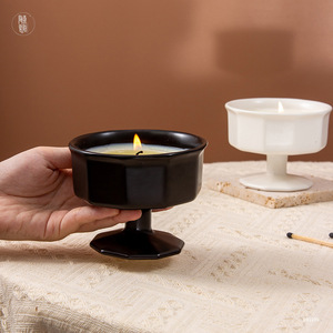 TaoYuan Ceramic Stemmed Candle <b>Holder</b> Hexagon Black Empty For Gift DB2299 - Product Image 1