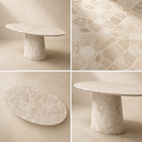 Table à manger ovale moderne en pierre blanche naturelle avec finition mate, piétement unique, 6 places, personnalisable pour la maison, l'hôtel, la villa