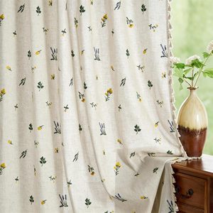 Rèm cửa hoa văn xanh cổ điển cho phòng khách, rèm cửa phong cách nông trại màu kem be pha vải lanh - Product Image 4