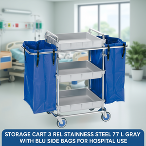 Carrello portaoggetti a 3 ripiani in acciaio inox 77 L grigio con borse laterali blu per uso ospedaliero - Product Image 3