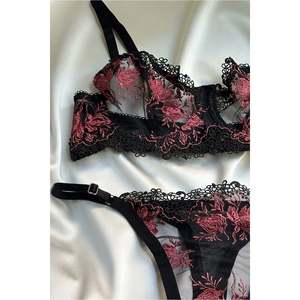 Lencería de Seda Negra con Detalles de Encaje, Sujetador Push-Up Acolchado, Tanga/Braguita de Bikini Transpirable, Tallas XL/XXL, Logotipo Bordado, Lazo en la Copa - Product Image 1