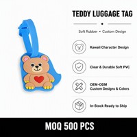 Étiquette de bagage en caoutchouc PVC souple motif ours en peluche mignon, bleue, pour valise de voyage, porte-carte nominative, forme personnalisée, vente en gros