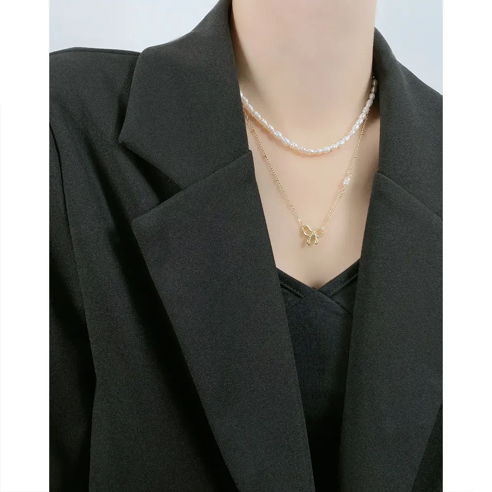 Necklace Custom Simple Fashion Double layer chain design Jewelry Chain Necklace Bow knot Gold Butterfly Stainless Steel Necklace
