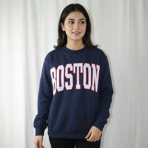 BOSTON <b>NAVY</b> BLUE Hooded Sweatshirt WHITE Applique Embroidery 100% Cotton Winter URBAN PRODUCTIONS - Product Image 1