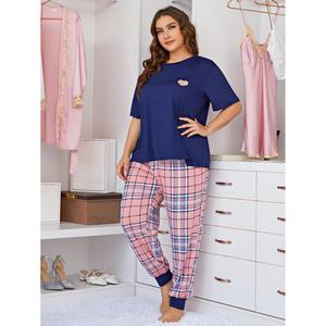 Plus Size Women's Pajama Set Black <b>Red</b> Plaid Long Pants Short Sleeve Milk <b>Silk</b> Loungewear for Home and Outdoor Use - Product Image 2