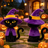 Peluche personnalisée de chat noir sorcière d'Halloween, jouet en peluche doux OEM avec chapeau et cape de sorcière violets, décoration d'intérieur, vente en gros
