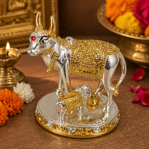 Cow Calf Animal <b>Statue</b> Handicraft Handmade <b>Gold</b>-Plated Modern Rectangle Design Religious Diwali Wedding Tabletop Ornament - Product Image 2