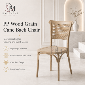 Chaise de mariage haut de gamme en PP imitation bois avec dossier en canne pour réception de mariage, location événementielle, fournisseur en gros et commandes en gros - Product Image 1