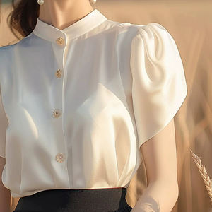 Droma, recién llegado, <span class=keywords><strong>blusa</strong></span> de manga corta hinchada de satén blanco informal francés, blusas y camisas para mujer, blusas de moda - Product Image 4