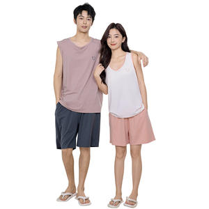 Modal Cotton Couple Pajamas Set Thin Summer Vest with Padded Bra and Shorts Simple New ODM Supply for <b>Men</b> and Women - Product Image 3