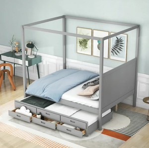 Queen Size Hemelbed Met Uitschuifbed En Lades, Massief Houten Hemelbed Met 3 Opbergladen - Product Image 3