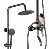 Ensemble complet de douche noir brossé avec barre coulissante, pommeau carré, fixation murale, système de douche pluie réglable en hauteur, quatre éléments