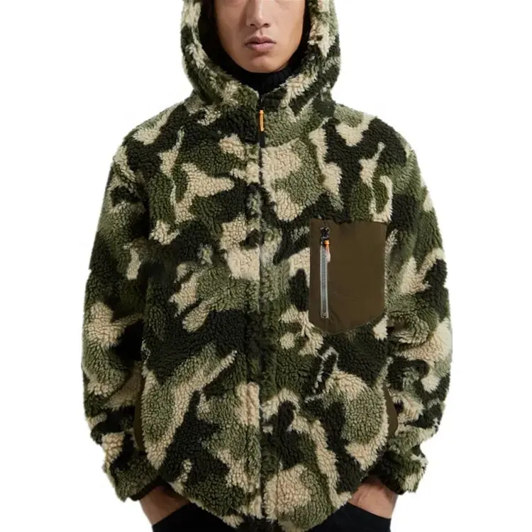 Grosir Kustom Jaket Camo Shearling Musim Dingin Pria Jaket Hoodies Sherpa Bulu Domba untuk Pria