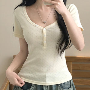 Camiseta Casual de Manga Corta con Cuello en V para Mujer, Minimalista, Básica, de Color Sólido, Tejido Texturizado, Transpirable, de Spandex/Poliéster - Product Image 3