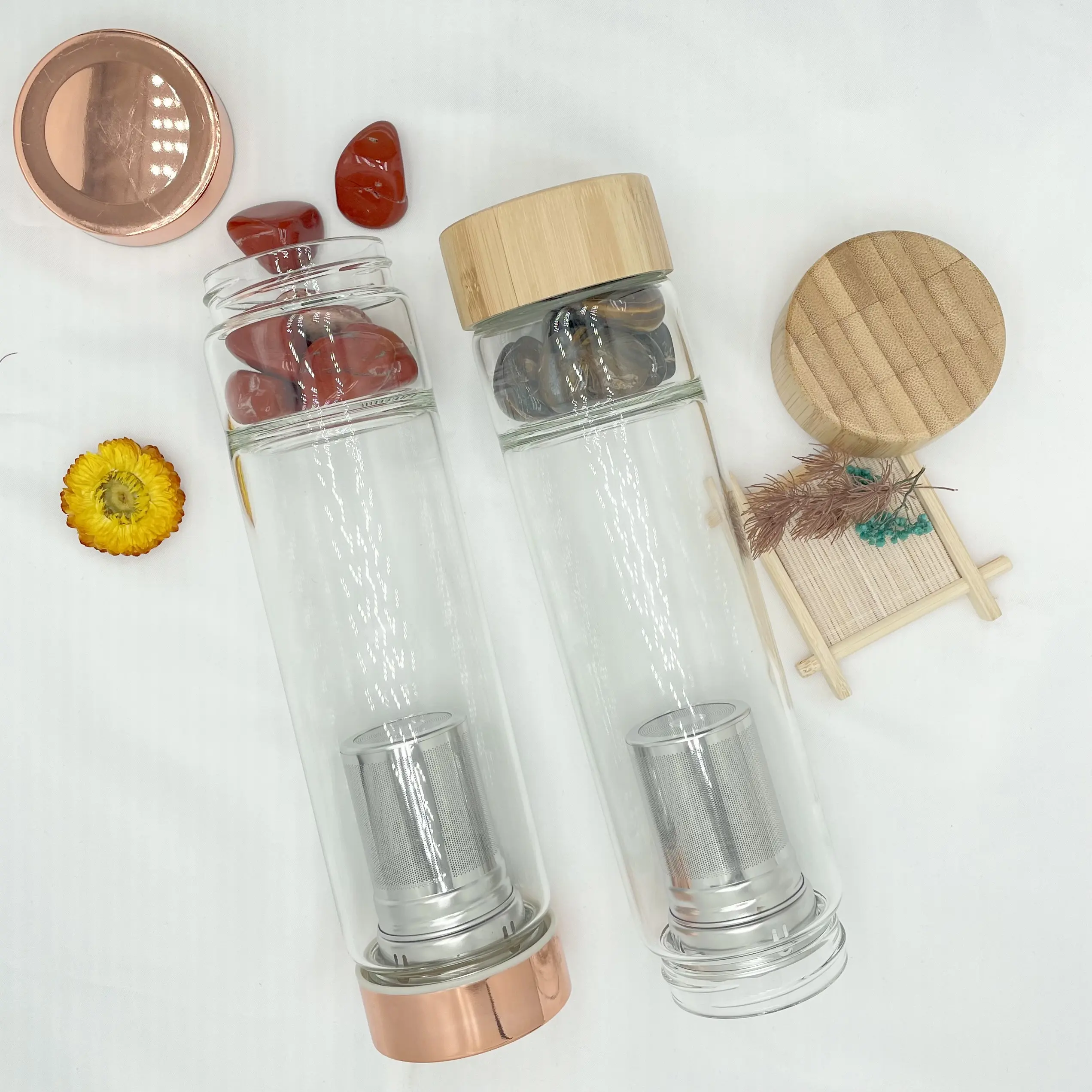 2022 Reusable Wholesale Tea and Water Separation Water Bottles Delicate Polished Insulated Crystal Glass Metal Water Bottle