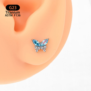 G23 <b>Titanium</b> Butterfly Earrings 7.1mm Zircon <b>Studs</b> For Ear Lip Nose Piercing Jewelry - Product Image 2