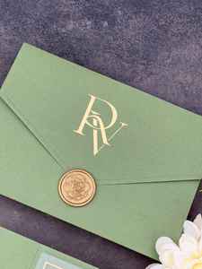 Suite d'invitation de <span class=keywords><strong>mariage</strong></span> de luxe vert Pocketfold avec feuille d'or acrylique transparent <span class=keywords><strong>et</strong></span> annonce élégante de carte Rsvp - Product Image 5