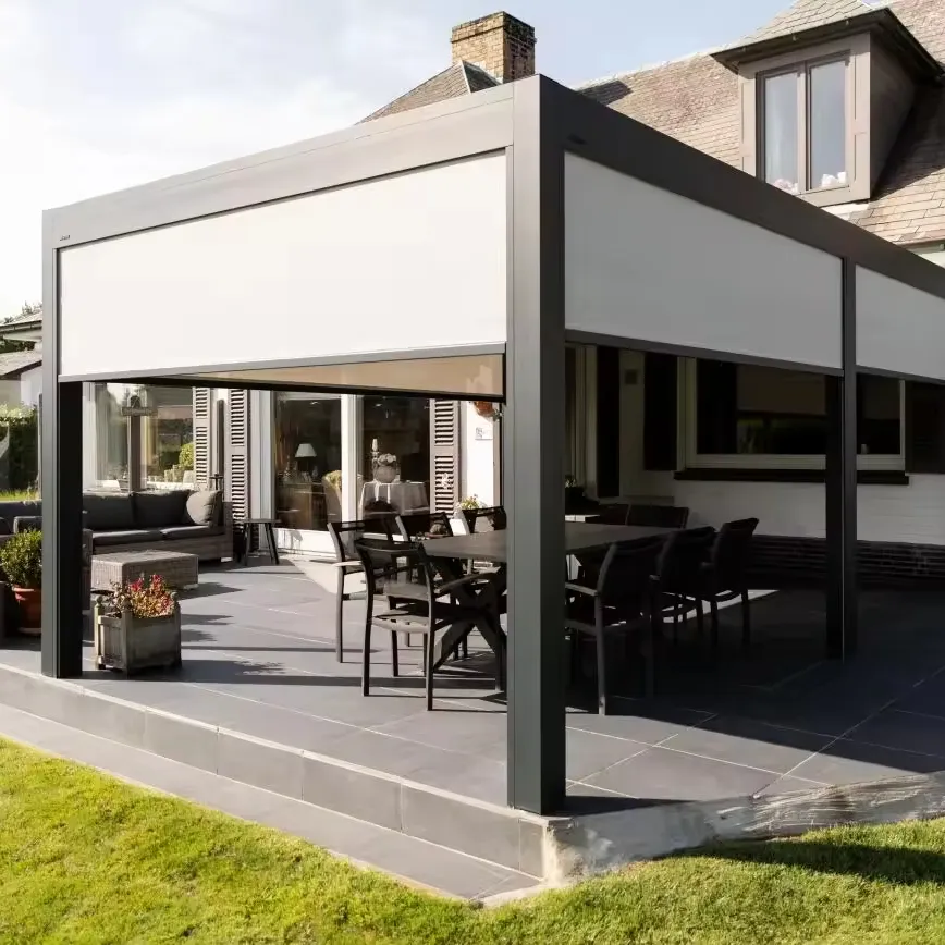 Semua musim Modern Manual bermotor Louver atap bioclisatic Aluminium Pergola dan Gazebos luar ruangan