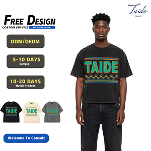 TaiDe T-shirt court ample à imprimé personnalisé, effet délavé vintage, motif rayures arcade rétro et lettres en bloc, Fournisseur en gros OEM ODM, Fabricant <span class=keywords><strong>de</strong></span> vêtements - Product Image 1