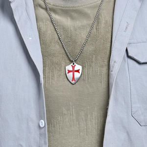 <b>Cross</b> Shield Necklace For Men Stainless Steel Pendant Gold Tone Red <b>Cross</b> Design Streetwear Fashion Jewelry - Product Image 3