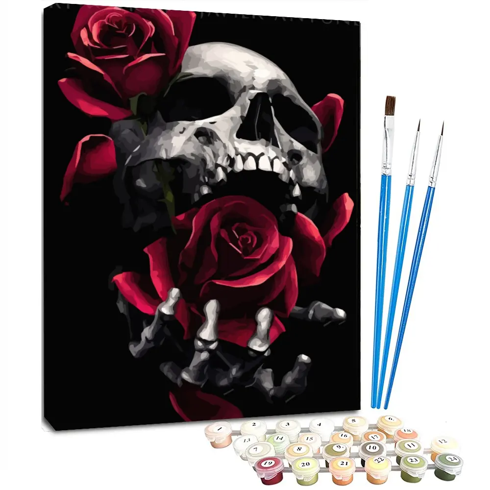 FIYO Skeleton Rose Oil Painting By Numbers for Adults Paints By Number Canvas Painting Kits DIY Gift Home Decor
