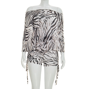 Viviblook J26ST109 Women Set Summer New Sexy Zebra Print Mesh Slash Neck Top and Shorts Set Two Piece Set - Product Image 5