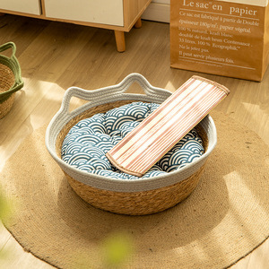 Pet Bed Round Rattan Straw Dog Bed Breathable Polyester Fiber Fill Hand Washable Summer <b>Cooling</b> Pet Bed for Dogs - Product Image 3