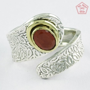 Bague ajustable en argent sterling 925 à deux tons, pierre de cornaline, accessoire de mariage et de fête - Product Image 3