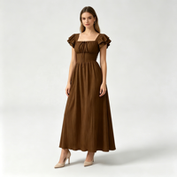 Robe longue plissée à col carré pour femme 2026, manches bouffantes, taille smockée, à nouer devant, élégante robe d'été pour mariage et vacances