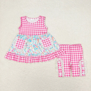 Conjuntos de Ropa de Verano al por Mayor para Bebés y Niñas Pequeñas, Estampados Florales y a Cuadros Rosas, Conjuntos a Juego para Hermanas - Product Image 2
