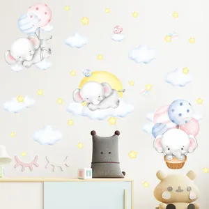 Stiker dinding dekorasi untuk kamar anak-anak, stiker dinding dekoratif Bintang awan kecil gajah tidur kartun