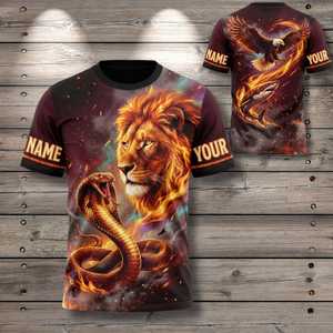 Maglietta Personalizzata Leone Serpente con Nome Personalizzato, Stampa Animale Fuoco AOP, Aquila Squalo sul Retro - Product Image 1