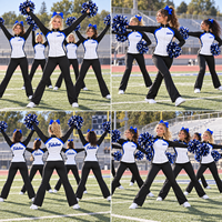 Veste et pantalon d'échauffement de cheerleading extensibles dans les quatre sens, personnalisés, à rayures bleues, noires et blanches, avec fermeture éclair intégrale et col montant, pour entraînement d'équipe