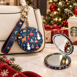 PU Leather Double Sided Makeup <b>Mirror</b> Portable with Keychain, Christmas Cosmetic <b>Mirror</b> for Holiday Gift - Product Image 4
