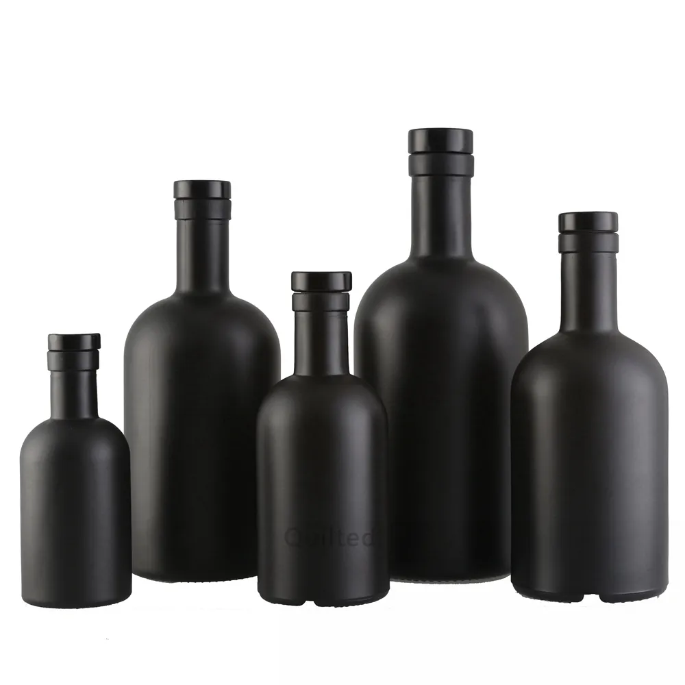 Matte black frosted boston glass wine bottles vodka whisky rum glass bottles with cork
