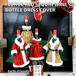 Red Sequin Eco Friendly Polyester <b>Christmas</b> <b>Dress</b> Skirt Wine Bottle Cover Xmas Glitter Santa Sweater for Table Factory - Product Image 2