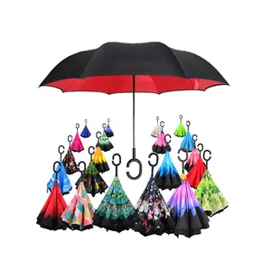 Promotion reverse umbrella business windproof Double Inverted umbrella rain with logo prints