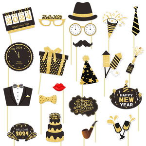 21 pièces/ensemble 2024 Joyeux Nouvel An <span class=keywords><strong>Accessoires</strong></span> photo pour fête <span class=keywords><strong>Accessoires</strong></span> de fête en papier noir Décoration de vacances en famille - Product Image 1