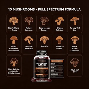 Complément Alimentaire Marque Blanche : 10 Gummies aux Champignons pour <span class=keywords><strong>la</strong></span> Puissance Cérébrale, le Soutien Immunitaire et l'Énergie – Saveur Framboise Naturelle - Product Image 4