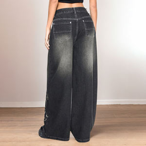 Y2K Print Patchwork Solid Vintage Washed Black Denim <b>Jeans</b> Custom Low Waist Straight Breathable Street Dance Casual - Product Image 5