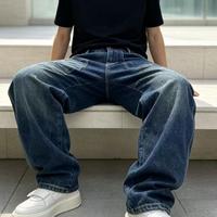 Jeans à jambe droite en denim délavé et teint, style rétro déchiré, décontracté pour le quotidien, pour hommes, vente en gros, personnalisable