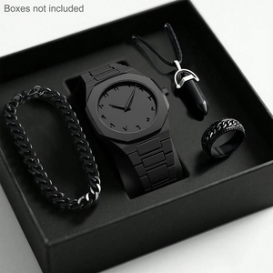 Set Hadiah CS008 Empat Buah Cincin Hitam Gelang Kalung Jam Tangan Muslim Quartz Tanpa Kotak Plastik Aura Jam Tangan Arab untuk Pria - Product Image 3