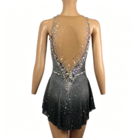Costume de patinage artistique pour enfants et adultes, robe en maille sans manches à col en V dégradé gris et noir avec strass pour spectacle sur glace