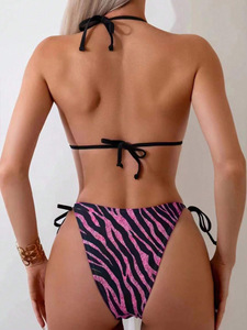Women's Animal Print Halter <b>Bikini</b> <b>Set</b> <b>Sexy</b> Backless Tie-Side Thong 2-Piece Swimsuit with Front Logo for Beach Vacation - Product Image 3